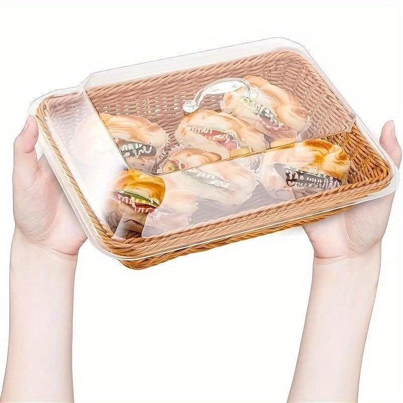 Wicker Bread Basket with Clear Acrylic Lid Rattan Storage Basket Washable Food Tray for Bread Fruit Desserts Kitchen Picnic Home Display