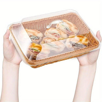Wicker Bread Basket with Clear Acrylic Lid Rattan Storage Basket Washable Food Tray for Bread Fruit Desserts Kitchen Picnic Home Display