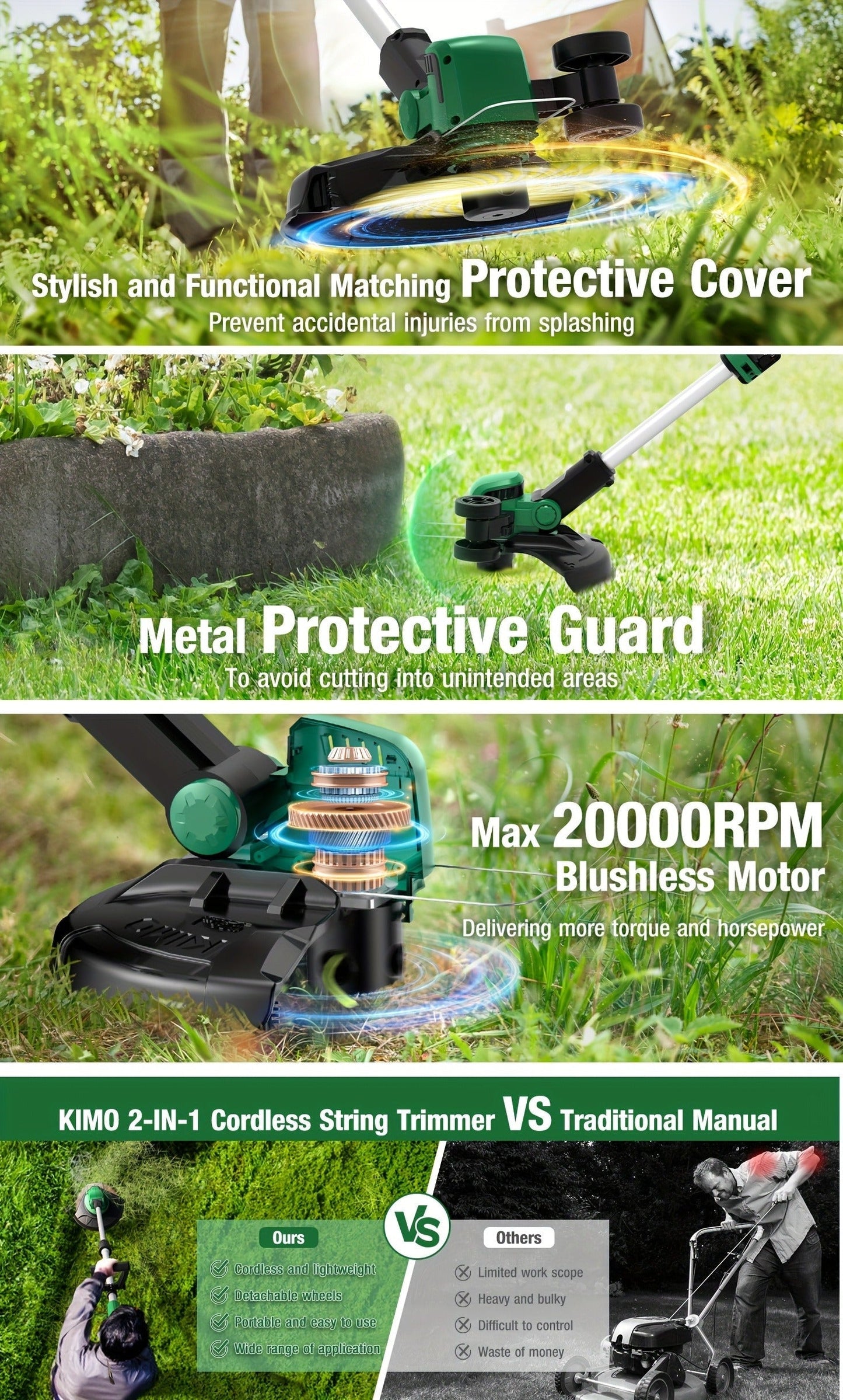 String Trimmer Cordless 2-in-1 Weed Wacker & Lawn Edger with Wheels, KIMO Brushless Motor 20000 RPM
