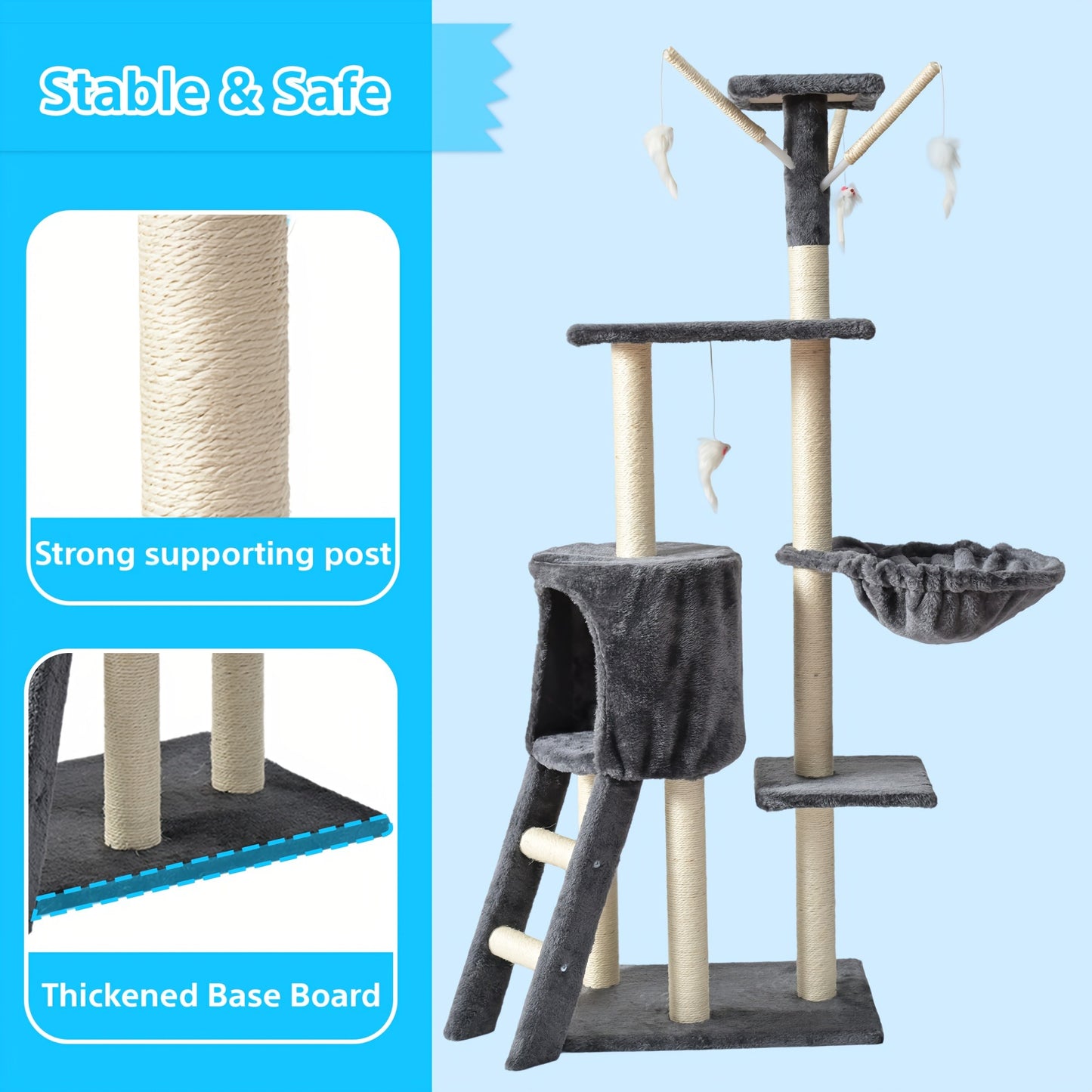 Cat Tree for Large Cats, Tower Multi-Level with Cat Bed, Condo & Sisal Scratching Post – 3 or 4 Tier Indoor Cat Tree for Large Cats