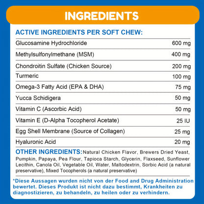 Dog Glucosamine Joint Supplement Chews 120ct | Chicken Flavor Soft Chews with Glucosamine, Chondroitin, MSM & Vitamins for Hip & Joint