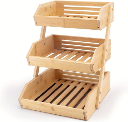 Fruit Basket Stand 2 & 3 Tier Wooden Countertop Organizer Large Capacity Kitchen Storage for Fruits Vegetables Bread Produce with Banana