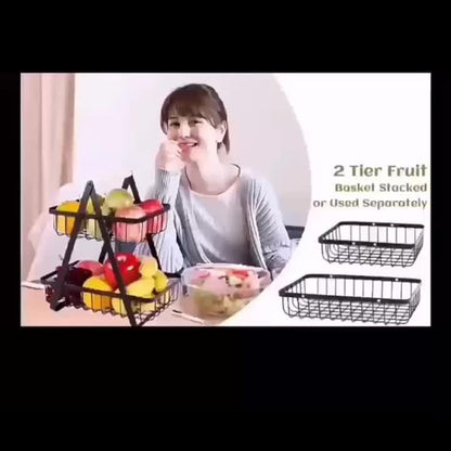 Fruit Basket Kitchen Organizer 2 or 3 Tier Metal Stand with Removable Wooden Handles for Countertop