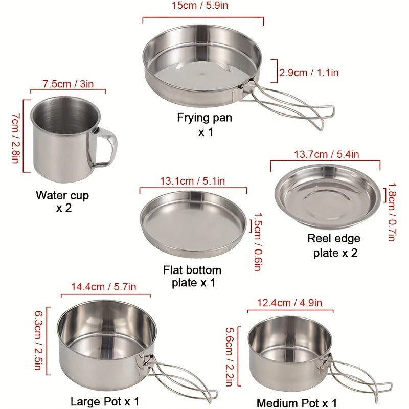 Stainless Steel Camping Cookware Set 8 Piece with Pots Pans Plates Cups and Handles – Lightweight Outdoor Cooking Kit for Camping Hiking