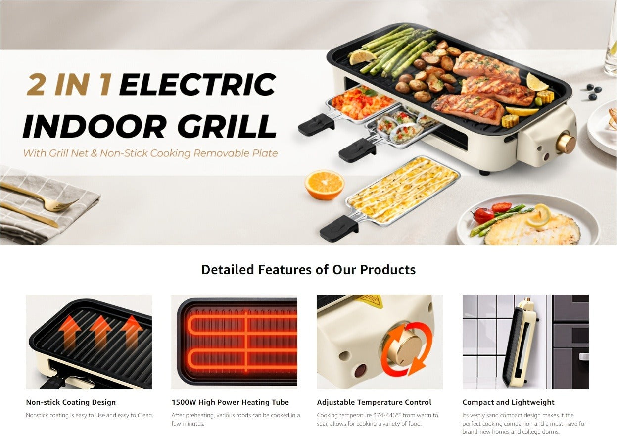 Indoor Smokeless Electric Grill 1500W Non-Stick Raclette Table Grill with Removable Plate & 3 Mini Pans Compact BBQ Griddle