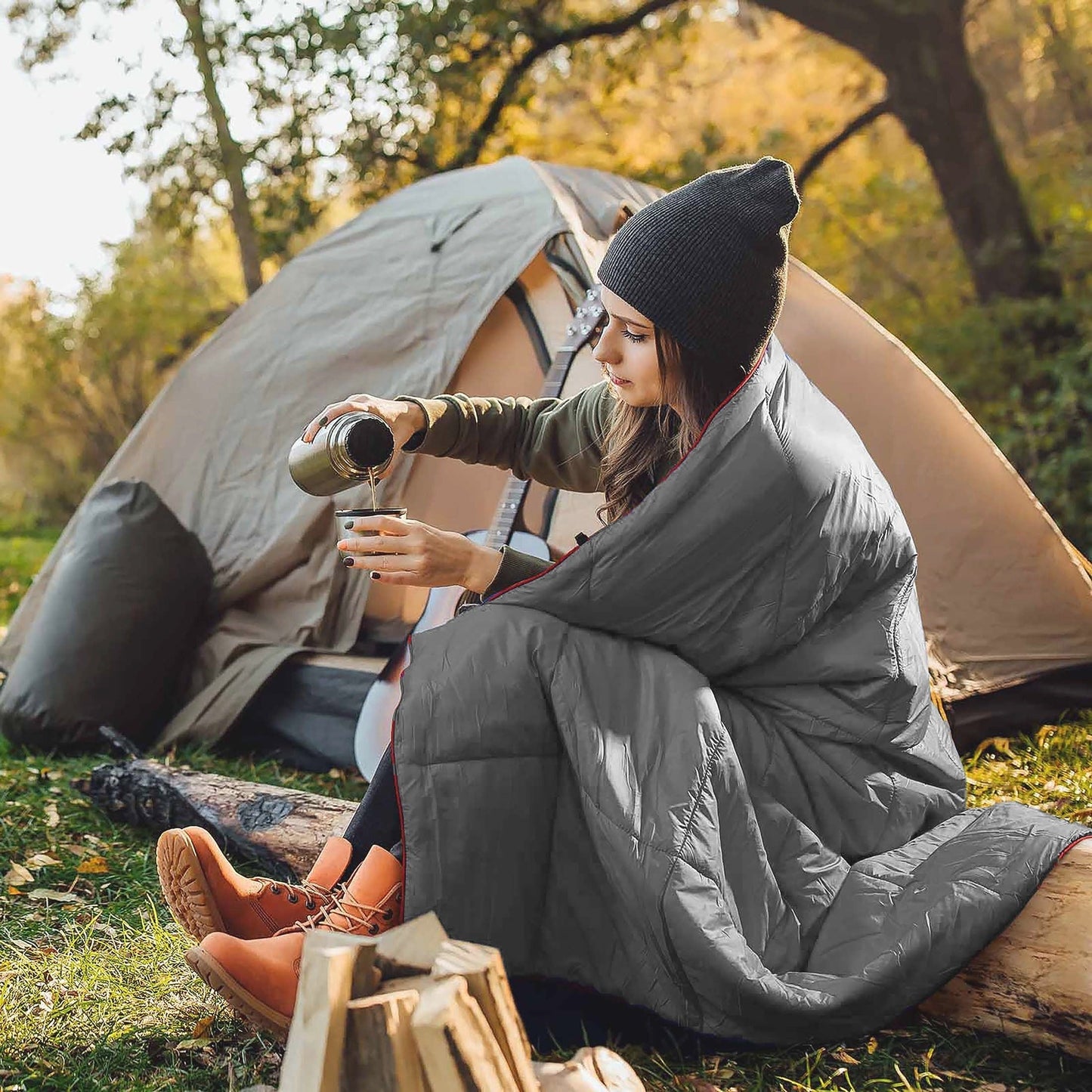Puffy Camping Blanket Foldable Lightweight Water Resistant with 3D Eye Mask – DWR Coated Outdoor Blanket for Camping, Hiking, Travel, Beach