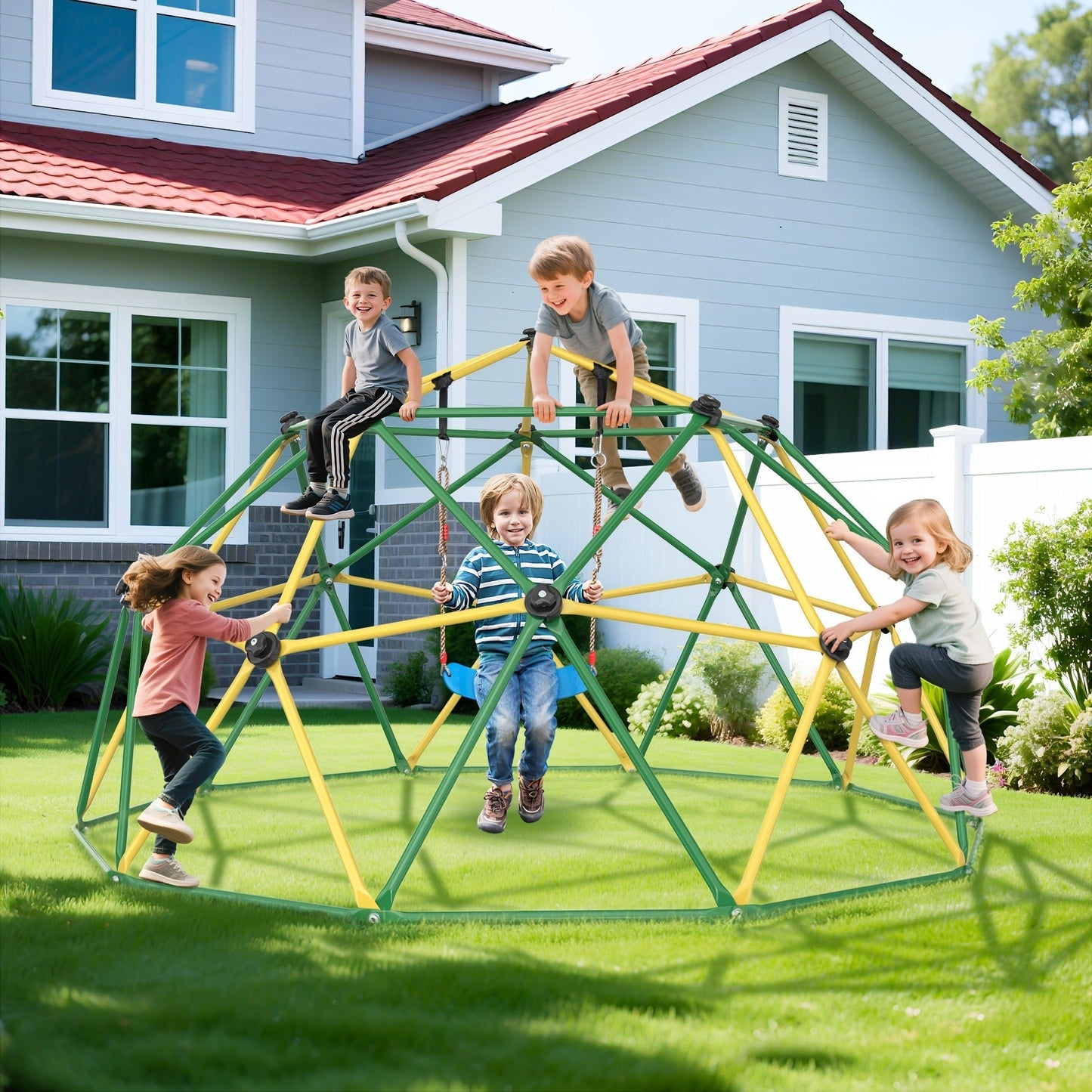 10FT Kids Climbing Dome with Hammock Swing Disc Swing Backyard Jungle Gym Steel Frame Outdoor Play Equipment 1000 LBS Capacity Gift for Boys