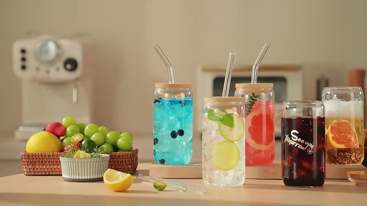Drinking Glasses Set with Lid and Straw 550ml Oval Glass Cups 4 or 6 Piece, for Home Cooking, Dining and Outdoor Meals