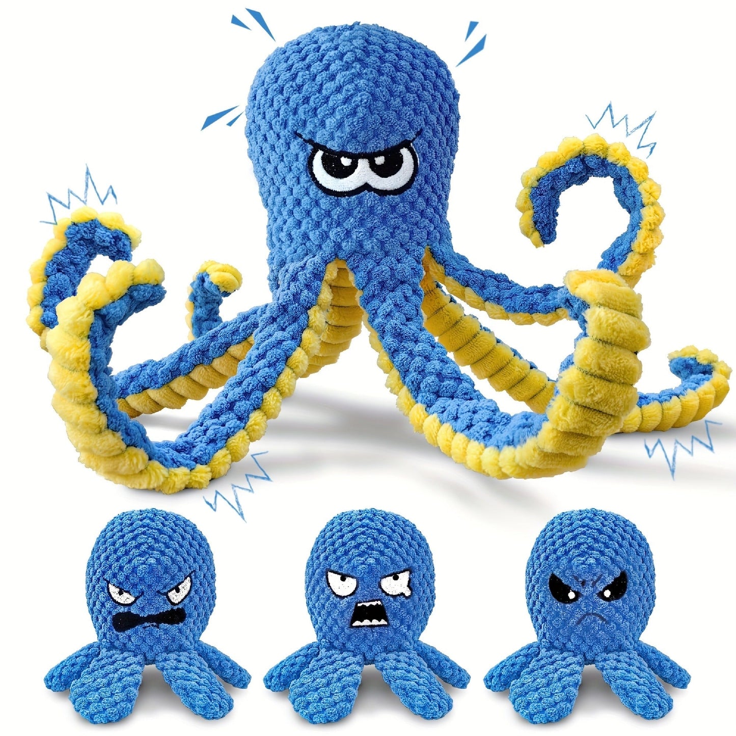 Dog Toy Octopus Plush with Built-In Squeaker and Crinkle Texture in Blue or Yellow with 1, 2 or 4-Pack Options
