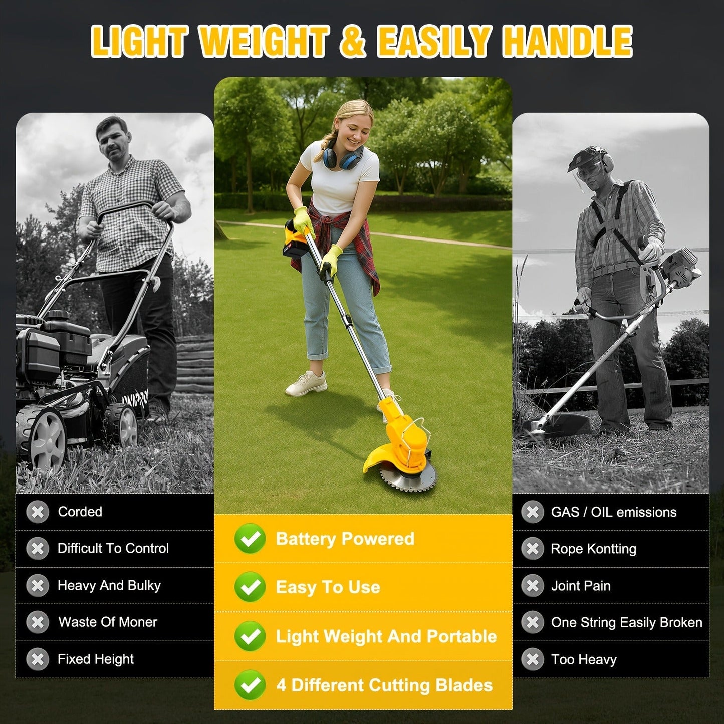 Cordless Weed Trimmer & Edger, 21V 3-in-1 Brush Cutter with 2 Batteries, Adjustable Head for Lawn