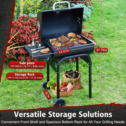 Barrel Charcoal Grill with Offset Smoker, Wheeled Cart, Side Firebox and Two Black Configuration Options