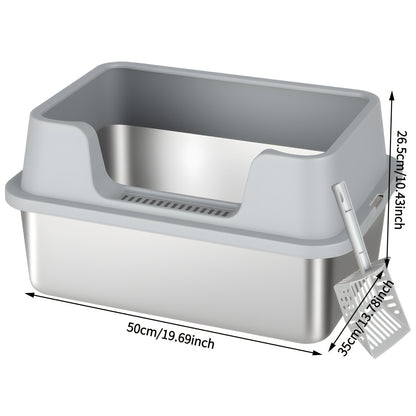 Stainless Steel Cat Litter Box with Scoop – High-Wall Semi-Enclosed Design, Non-Stick Easy Clean Surface, Anti-Leakage Odor Control