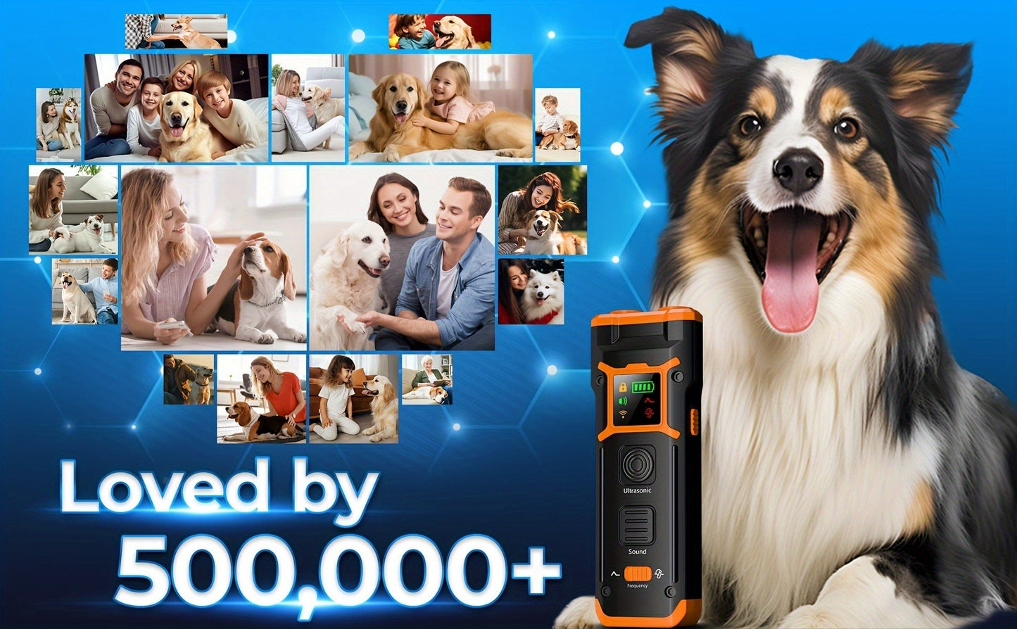 Rechargeable Handheld Ultrasonic Dog Training Aid with Dual Emitters, LED Light and Wrist Strap
