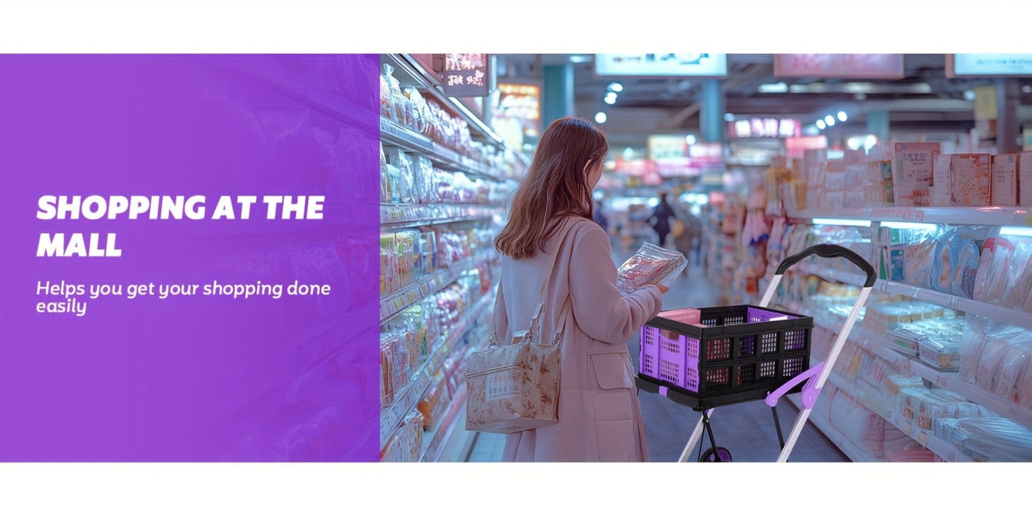 Collapsible Utility Cart Foldable Shopping Trolley 4-Wheel 360° Swivel Locking Brake Portable Dolly for Grocery Mall Camping Pink Purple