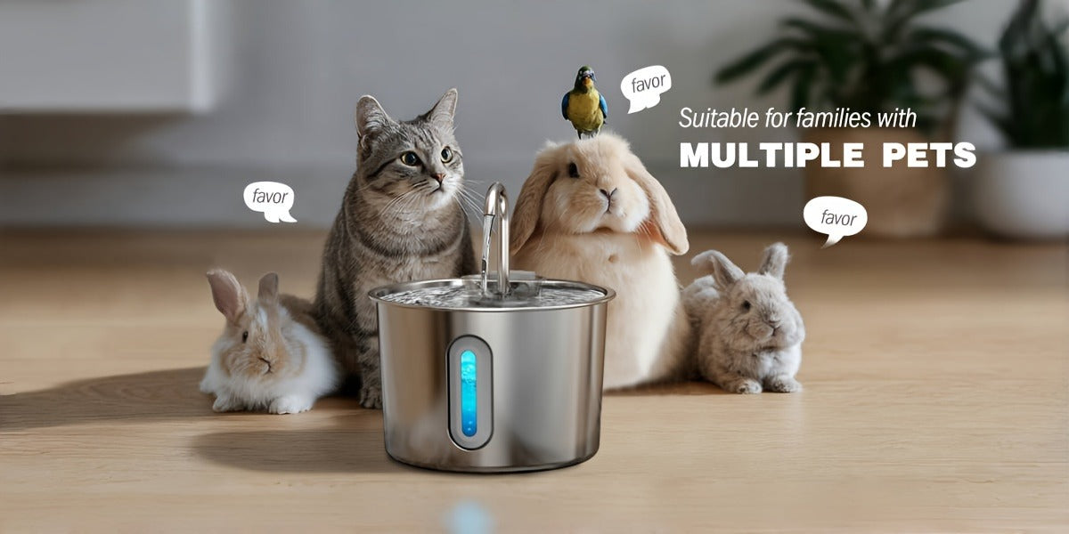 2.2L Pet Water Fountain with Stainless-Steel-Marked Basin, Water Window and 2+2 or 8+8 Filter Bundles