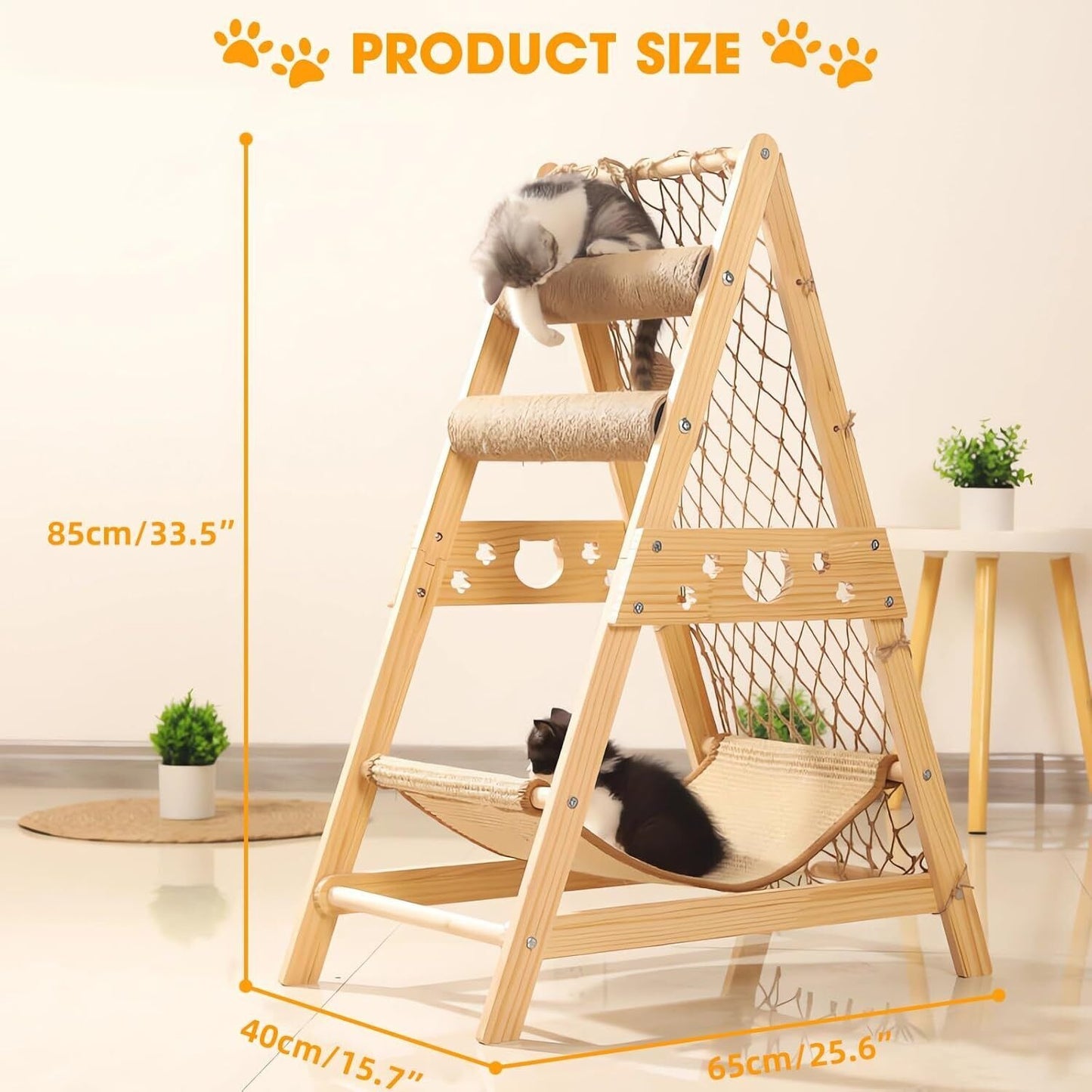Cat Tree Triangle Cat Tower with Sisal Scratching Posts, Soft Hammock Bed & Hanging Feather Toys – Bamboo Stable Cat Climbing Tower