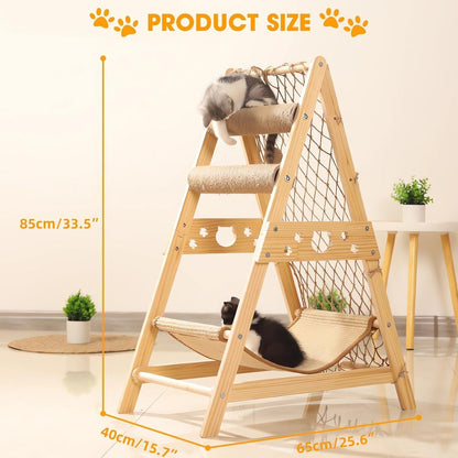 Cat Tree Triangle Cat Tower with Sisal Scratching Posts, Soft Hammock Bed & Hanging Feather Toys – Bamboo Stable Cat Climbing Tower