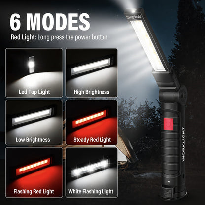 Foldable Black and Khaki Work Light Multipacks with Pivoting COB Bar and Pictured Charging Cables