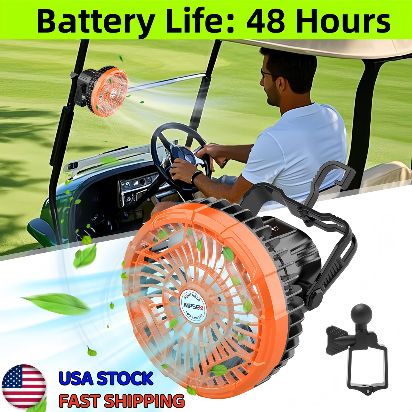 Portable Battery Golf Cart Fan with LED Lantern – 10400mAh Rechargeable, 48H Runtime, 360° Adjustable Head, 3-Speed Remote Control