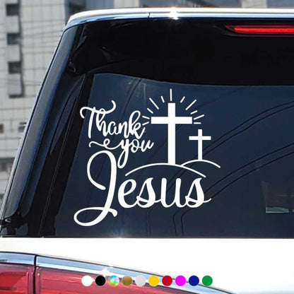 Thank You Jesus Cross Vinyl Decal Set, Four-Piece Design in Seven Colors for Vehicle Windows and Body Panels