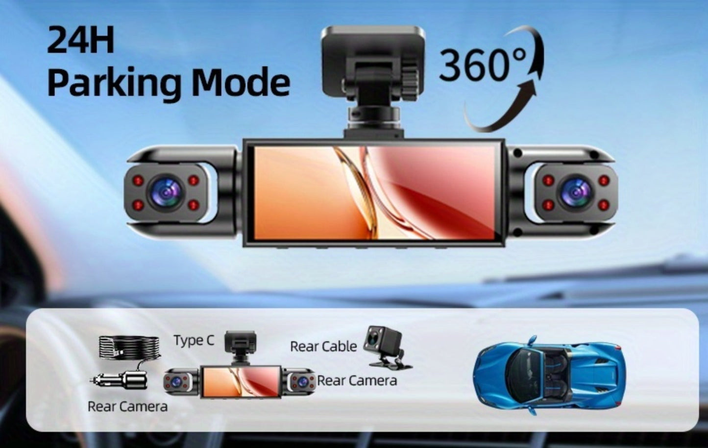 360° Panoramic Dash Cam 3 & 4 Lens 1080P HD Front + 720P Rear Left Right, Quad-Split Screen, HD Night Vision WDR G-Sensor Loop Recording
