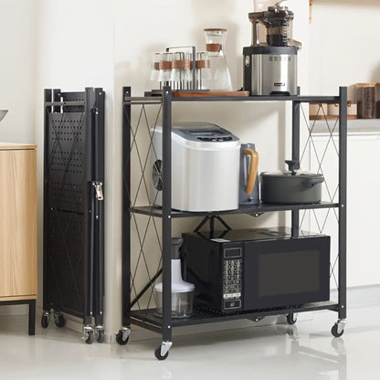 Storage Rack 3-5 Tier Foldable Shelving Unit with Wheels – Portable Multi-Layer Floor Standing Utility Shelf Organizer for Bedroom Closet
