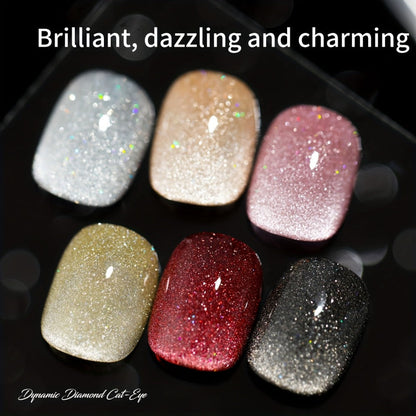 Gel Nail Polish Six-Color Magnetic Cat Eye Set with Sparkling Star and Rhinestone Effects for Nail Art