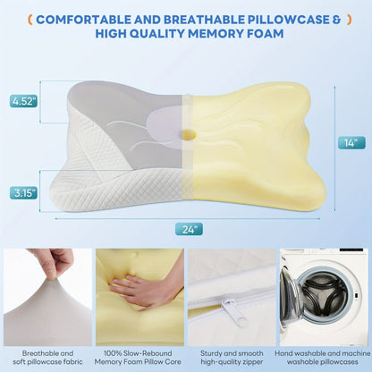 Memory Foam Cervical Pillow Contour Neck Support Orthopedic Bed Pillow for Side Back Stomach Sleepers with Cooling Pillowcase Queen King
