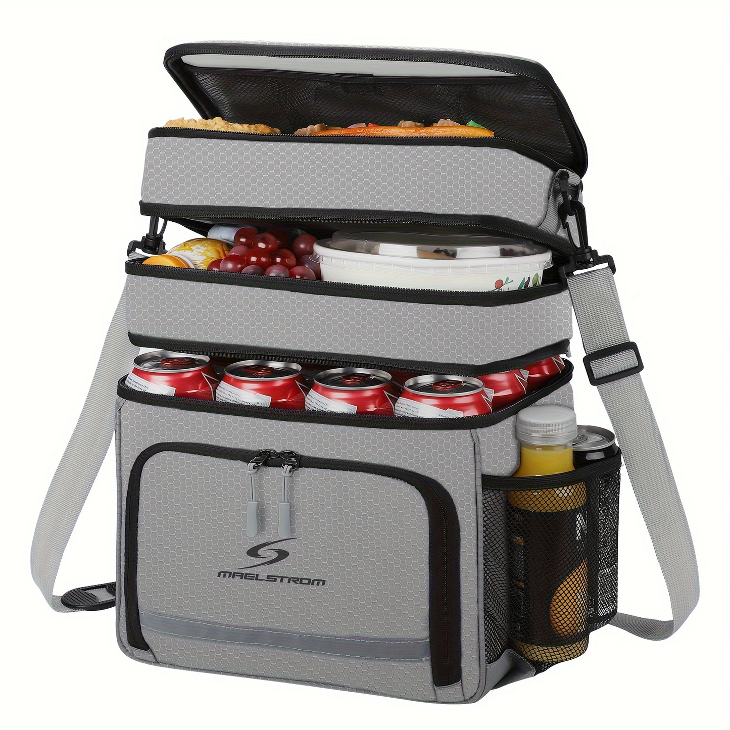 19L Triple-Compartment Lunch Bag with Three Stacked Zippers, Shoulder Strap and Four Color Options