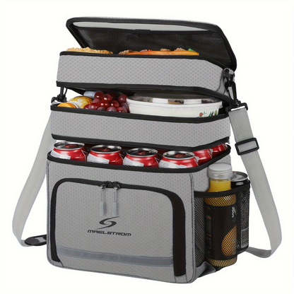 19L Triple-Compartment Lunch Bag with Three Stacked Zippers, Shoulder Strap and Four Color Options