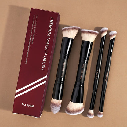 Makeup Brush Set, 4-Piece Double-Ended Travel Collection with Eight Brush Heads in Black-Beige or Black-Gold