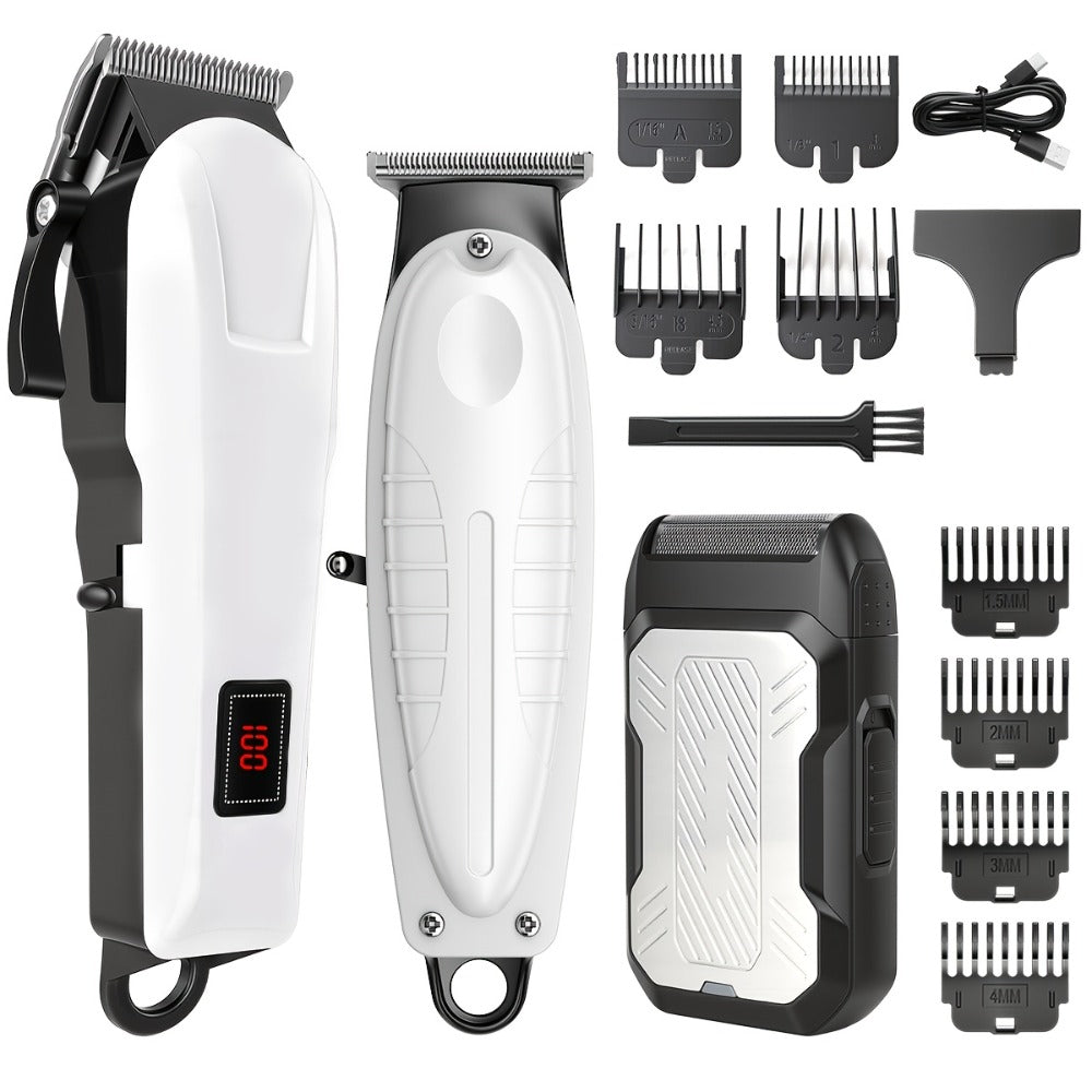 Hair Clippers & Trimmers White One-, Two- or Three-Piece Set with LCD Displays, USB-C Charging and Guide Combs