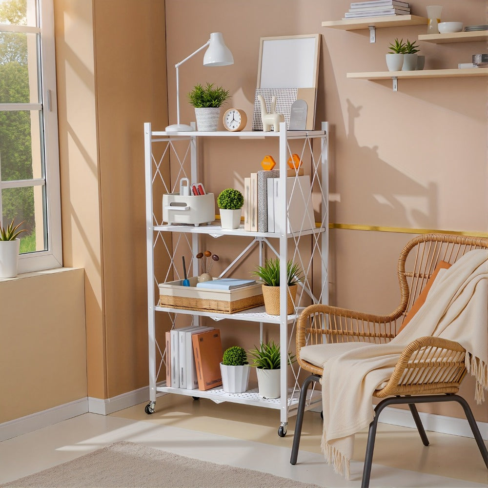 Three-to-Five-Tier Foldable Storage Rack with Carbon Steel Frame, Lockable Wheels and Three Colors