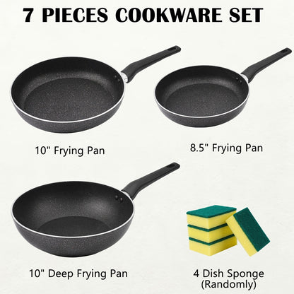 Nonstick Frying Pan Set 7pcs – 8.5" & 10" Aluminum Skillets with Deep Frying Pan, Fast Heating, Easy Clean