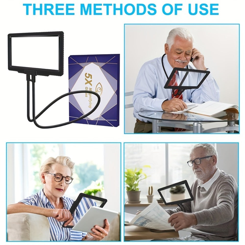 Hands-Free Magnifying Glass 5X Full Page, Flexible Gooseneck Neck-Worn Reading Magnifier for Seniors, Large Page Magnifier for Reading