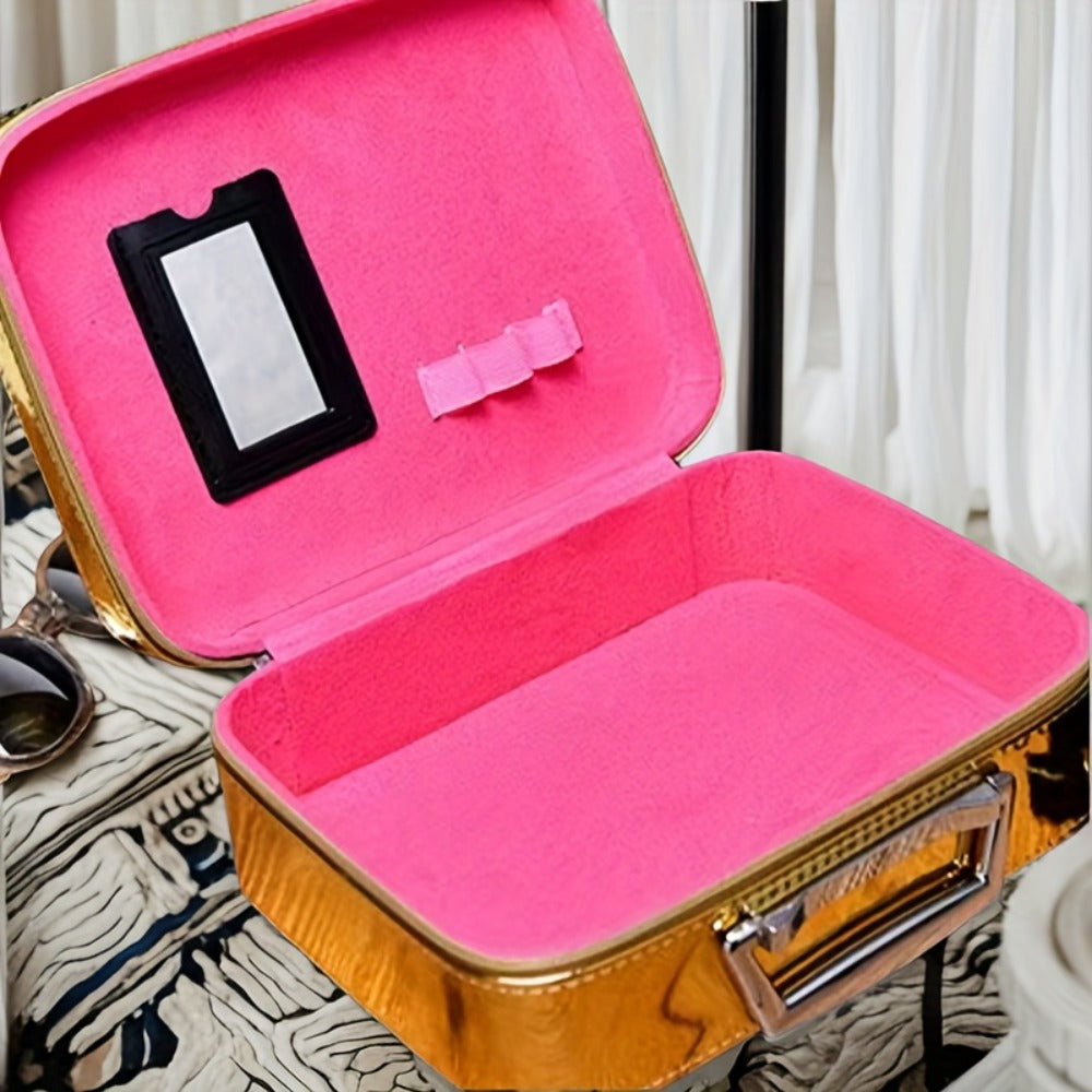 Glitter Makeup Travel Case Hard Shell Large Capacity Flat Lay Organizer Luxury Cosmetic Storage Box for Women Portable Fits in Suitcase Gold