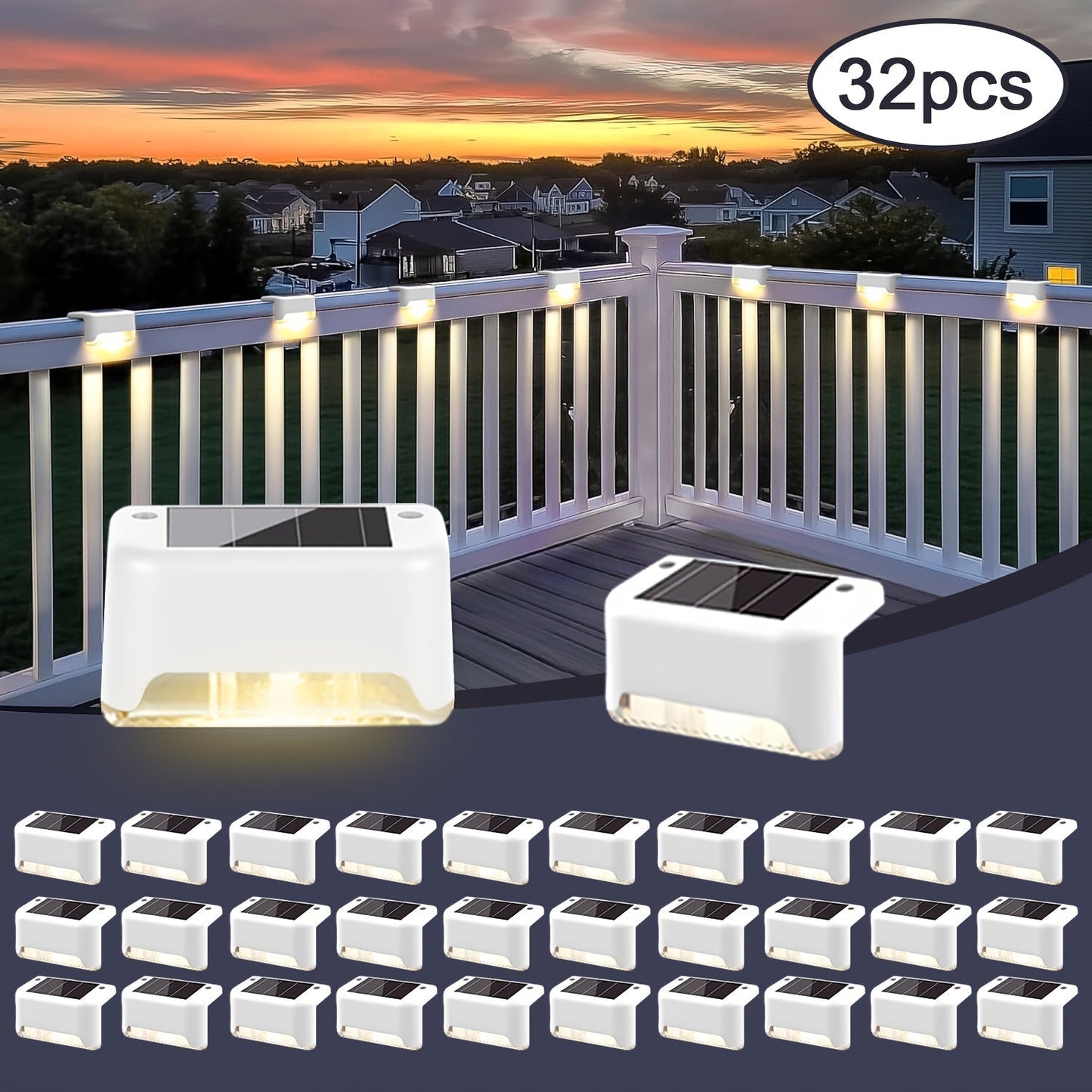 Solar Deck and Step Lights, 8- to 32-Piece Packs in Black, White or Brown with Integrated Panels
