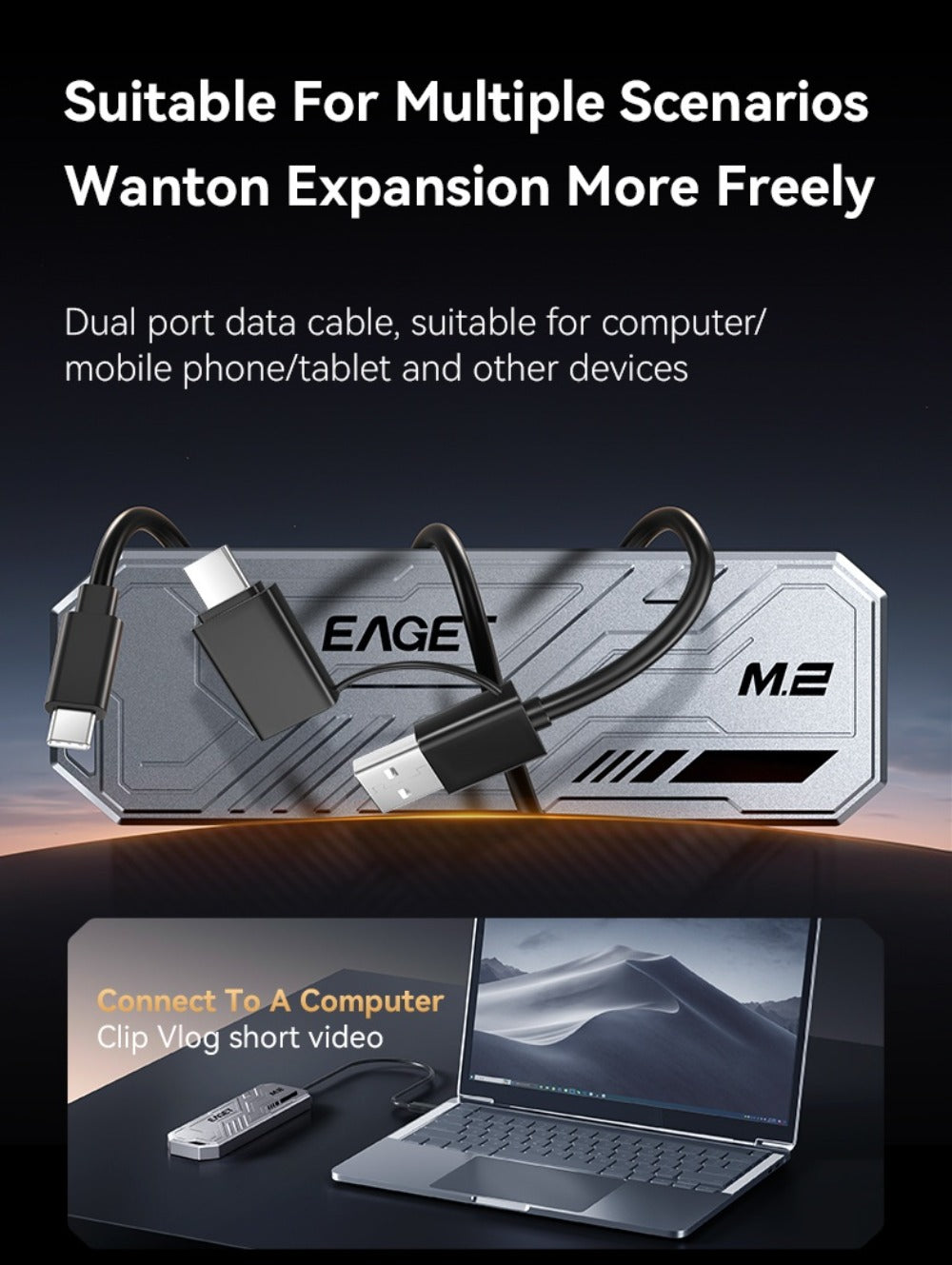 SE910D NVMe SSD Enclosure USB-C 10Gbps, Aluminum M.2 PCIe & NGFF SATA External Case, USB 3.2 Gen 2 Type-C Adapter