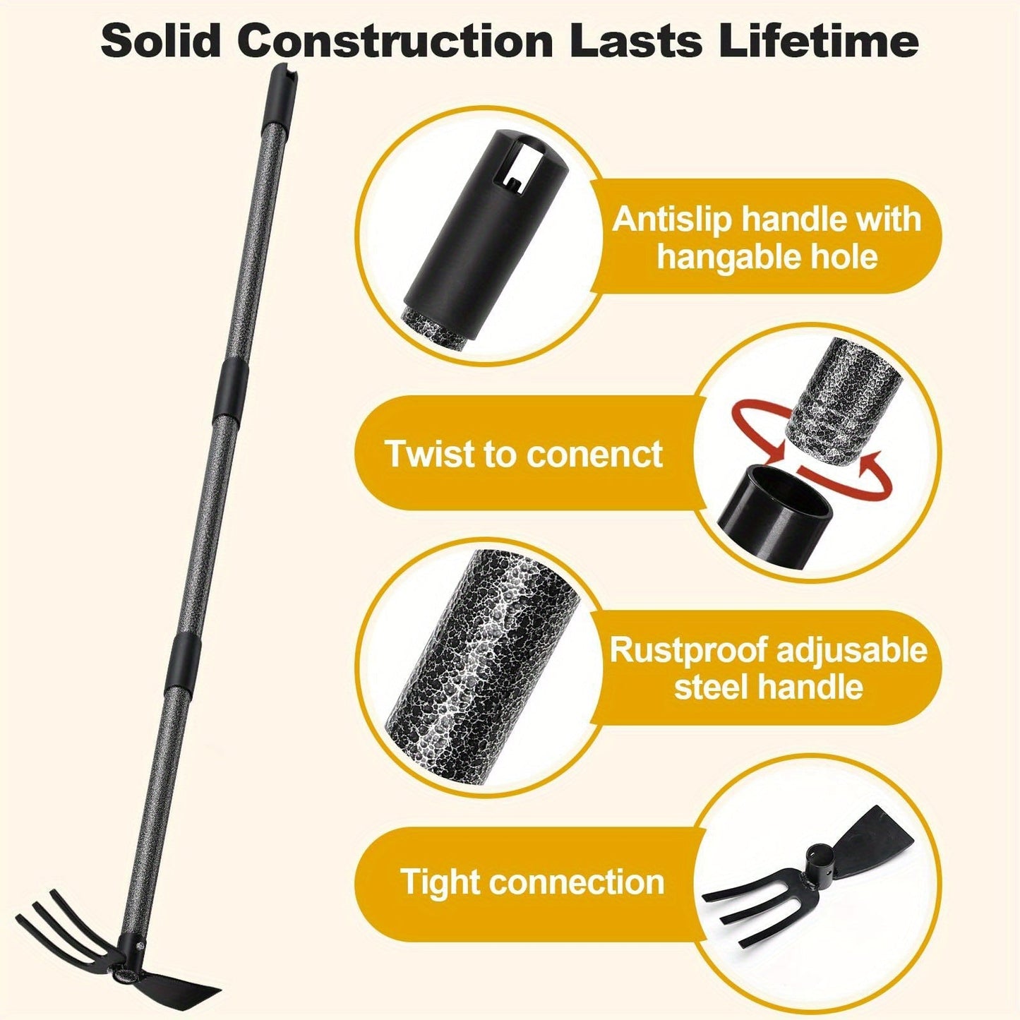 60-Inch Garden Hand Tool with Double-Ended Flat Hoe, Three-Prong Cultivator and Sectional Handle