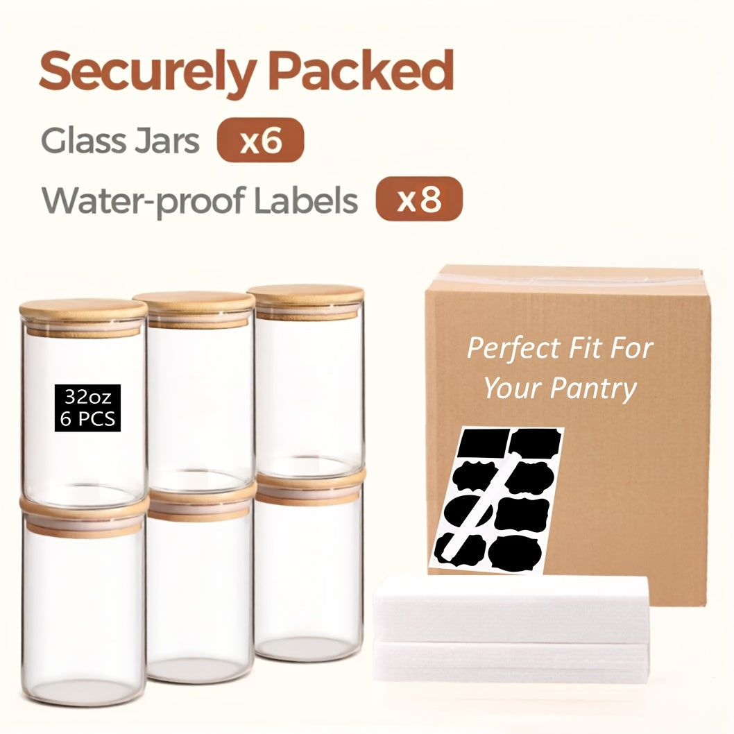 Food Storage Containers Six-Piece 32 oz Glass Jar Set with Bamboo Lids, Labels and Pen for Pantry Storage