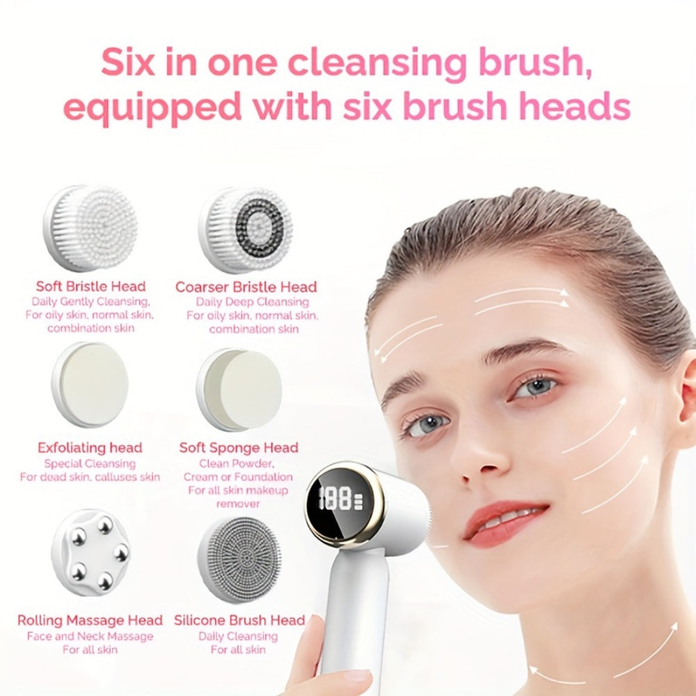 EMS Microcurrent Face Massager Device V-Face Lifting Double Chin Reducer Neck Rejuvenation 6-in-1 Brush Heads for Home or Salon Spa Use