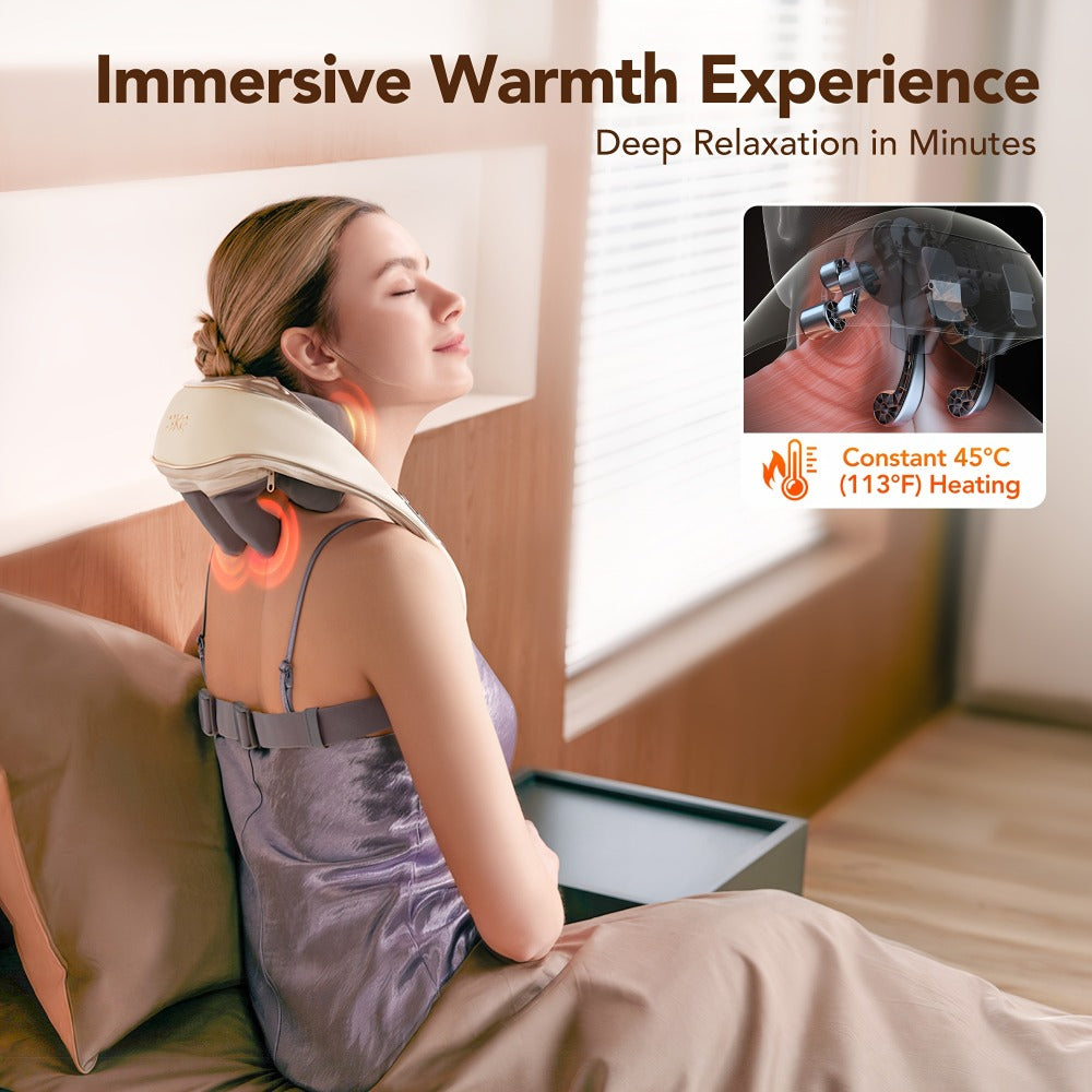 Wearable Neck & Shoulder Massager with Heat, 6D Bionic Hand Kneading Trapezius Massager, 9 Modes 3 Intensities 40-45°C Heat