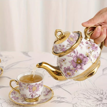 20-Piece Floral Ceramic Tea Set with Saucers & Metal Stand, European Afternoon Tea Service, Blooming Design