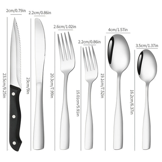 24- or 48-Piece Flatware Set with Silver, Gold or Black Finish Options and Black-Handle Steak Knives