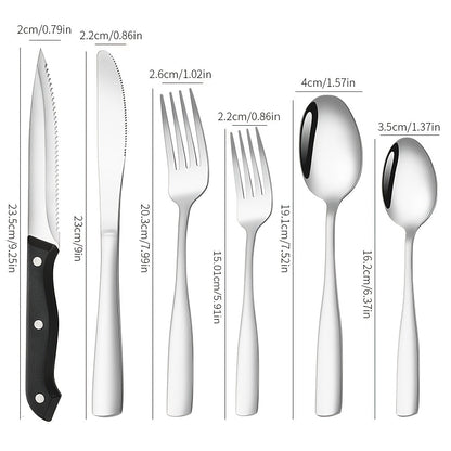 24- or 48-Piece Flatware Set with Silver, Gold or Black Finish Options and Black-Handle Steak Knives