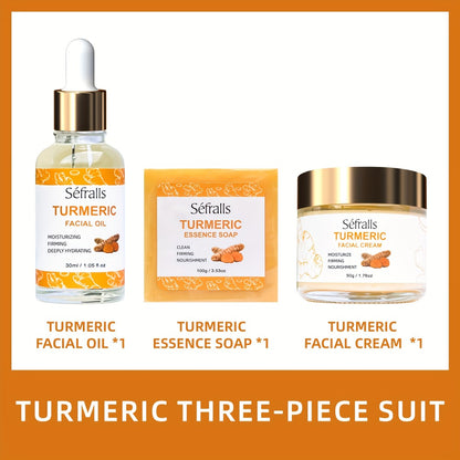 Turmeric Skincare Set 3 Pcs – Turmeric Face Cream, Facial Soap & Essential Oil Kit for Deep Pore Cleansing, Brightening & Moisturizing