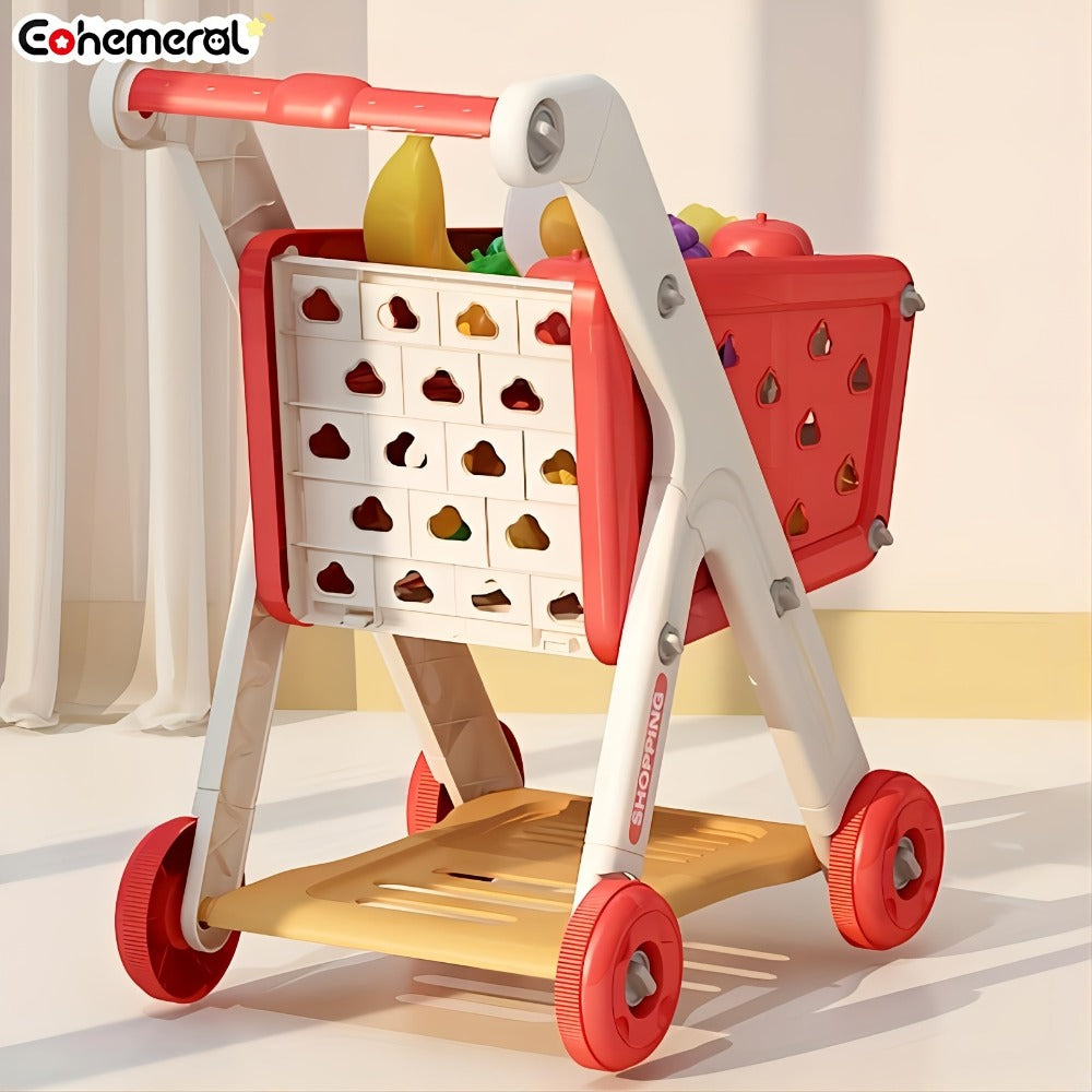 Kids Pretend Play Shopping Cart Toy Set with Realistic Food & Grocery Accessories, Supermarket Role Play for Toddlers Girls Boys Ages 3+