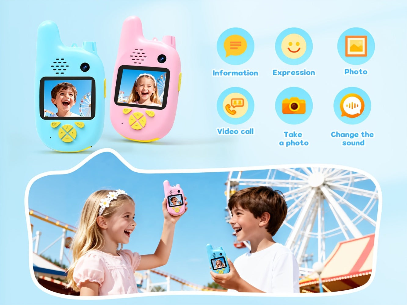 Kids Video Walkie Talkies 2 Pack with Video Call, Voice Changer & Dual Camera, Long Range Outdoor Toy