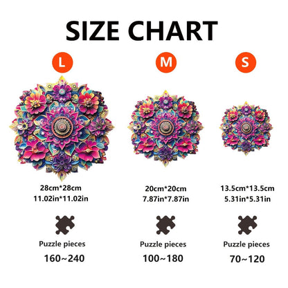 Floral Mandala Wooden Jigsaw Puzzle with Irregular Pieces and S, M and L Options from 5.31 to 11.02 Inches