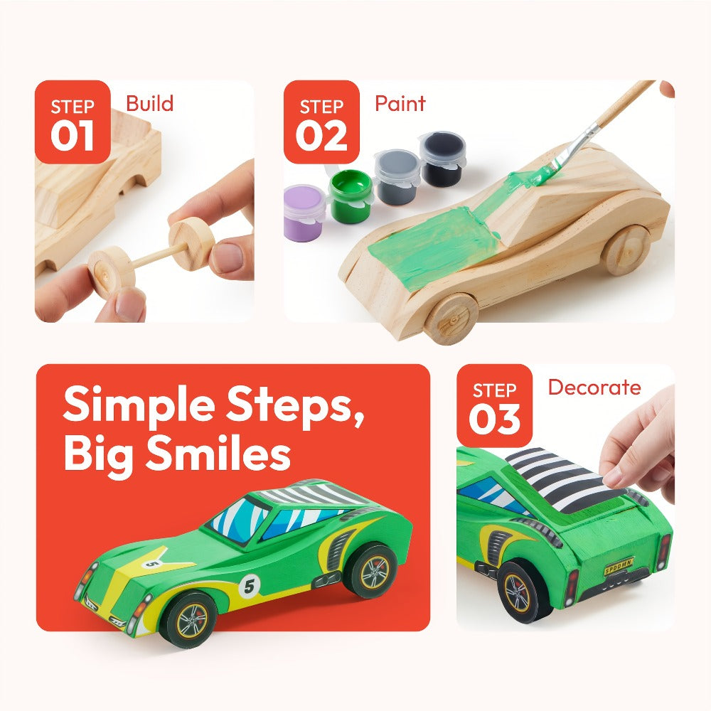 DIY Wooden Race Cars 4pcs Build & Paint Kit for Kids Ages 8+, 44 Pre-Cut Pieces 12 Colors Racing Stickers